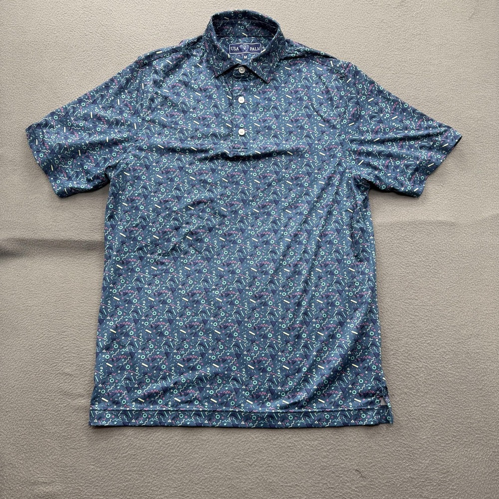 USA Palm Polo Shirt Mens Medium‎ Blue Geometric Print Golf Performance Stretch